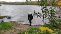 Hunter boots peeping by the wild wanker at the lake