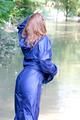 Stella jumping in puddles wearing sexy blue shiny nylon rainwear and rubber boots (Pics)