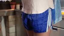 Watching ***OUR SEXY PIA*** wearing a sexy blue striped shiny nylon shorts and a white tshirt  posing for you in the kitchen doing her housework (Video)