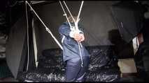 ***SPECIAL*** SEXY SANDRA tied and gagged overhead with special crotchrope wearing a sexy blue really shiny nylon rain pants and an oldschool shiny nylon rain jacket (Video)