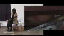 Mistress Cleo squirts cologne into the mouth of the slave lying in the toilet. Picture in Picture