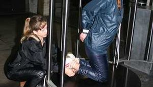 *** OLD STUFF INEDITED*** Watching Stella being tied and gagged in a cage from Leonie with ropes and a ball gag both wearing sexy shiny nylon rainwear (Pics)