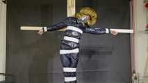 Lana tied and gagged in a shiny nylon Downjacket