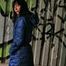 Blue Downcoat, purple Leggings, red Overknee Boots - Picture Series