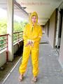 Leonie tied and gagged outdoor wearing shiny yellow rainwear (Pics)