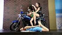 Lucky, Nelly, Xenia - Trio pose on motorbike, one girl ends up hogtied (video)
