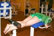 Leonie in an fitness studio wearing sexy shiny nylon shorts and a rain jakcet (Pics)