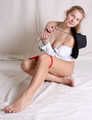 Cleavegagged barefoot topless Albina Rose in unbuttoned white shirt and red panties, bound with hemp rope, poses for the camera