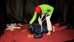 Sebastien is wearing 2 winter puffy jackets with hoods that zip up his entire head.