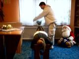 Handcuffed and hogtied on screen