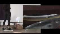Mistress Cleo squirts cologne into the mouth of the slave lying in the toilet. Picture in Picture