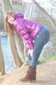 Alina during her walk on the sea wearing sexy shiny nylon down jacket and a shiny nylon shorts under her jeans (Pics)