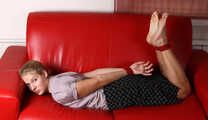 Albina Rose: barefoot girl in top and dress poses without ropes, then she get her hands and feet tied up