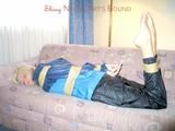 Archive girl tied and gagged with tape and rope wearing shiny nylon rainwear in blue (Pics)