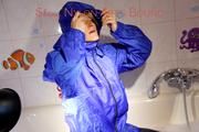Sonja ties, gagges and hoodes herself in a bath tub wearing supersexy shiny nylon rainwear (Pics)
