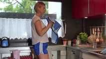Watching ***OUR SEXY PIA*** wearing a sexy blue striped shiny nylon shorts and a white tshirt  posing for you in the kitchen doing her housework (Video)