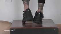 Slave's orgasms under Mistress Cleo's platform shoe