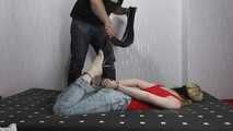 Sarah hogtied with hand and feet cuffs get tickled