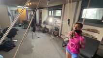 Aiyana and Ms Ungeniert in shiny nylon Shorts and Windbreaker tied and gagged together