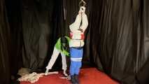 Sebastien breathplay in 2 down jackets is hanging tied the in a hogtie.