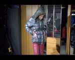 SANDRA putting on a sexy shiny nylon crazy sensation down suit infront of the mirror (Video)