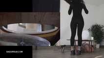 Mistress Cleo squirts cologne into the mouth of the slave lying in the toilet. Picture in Picture