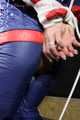 SEXY SONJA tied and gagged with ropes and a clothgag suspended wearing a sexy red/blue downwear combination (Pics)