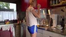 Watching ***OUR SEXY PIA*** wearing a sexy blue striped shiny nylon shorts and a white tshirt  posing for you in the kitchen doing her housework (Video)