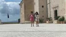030072 Salma & Lucia Pee From The Car Park Wall