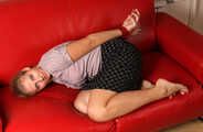 Albina Rose: barefoot girl in top and dress poses without ropes, then she get her hands and feet tied up