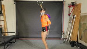 Lana bound and gagged in shiny Shorts and Windbreaker 