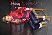 Sexy Sandra wearing sexy red/blue rainwear being tied and gagged with ropes and a clothgag on a chair (Pics)