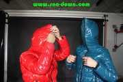 Ronja and Stella enjoy shiny nylon downwear with closed hoods (Pics)