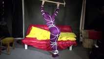 Watching sexy Sonja wearing a supersexy purple shiny nylon rainwear combination being tied and gagged overhead with ropes and a clothgag (Video)