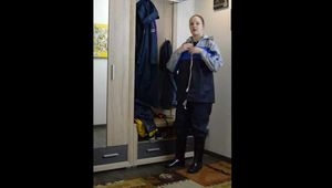 Lady Nadja testet einige Nylon Regenklamotten und fesselt und knebelt sich selber (3 Videos)