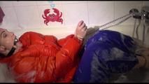 Jill ties and gagges herself in a bath tub for having an extraordinary experience wearing a sexy lightblue rainpants and an orange down jacket (Video)