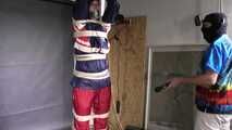 Myxxxy bound, gagged and suspended in shiny nylon Rainwear
