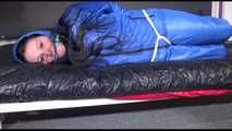 Lucy tied and gagged with ropes on bed wearing sexy blue oldschool downwear (Video)