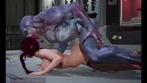 Busty Brunette Anal Sex on the Floor with Big Alien