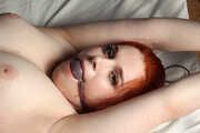 Ballgagged topless barefoot Wanda in only black panties, tied on the bed with her legs wide-spread, wiggles helplessly