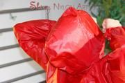 Lucy wearing a sexy shiny nylon shorts and two rain jackets feeling breath control (Pics)