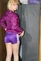 Pia enjoying a cupboard full of shiny nylon clothes trying on purple shiny nylon shorts and rain jacket (Pics)