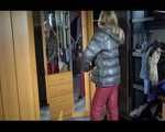 SANDRA putting on a sexy shiny nylon crazy sensation down suit infront of the mirror (Video)
