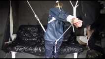 ***SPECIAL*** SEXY SANDRA tied and gagged overhead with special crotchrope wearing a sexy blue really shiny nylon rain pants and an oldschool shiny nylon rain jacket (Video)