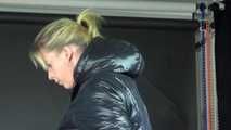 Watching sexy Pia wearing a sexy shiny nylon downwear and rainwear combination during (Video)