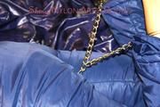 Lulu ties, gagges and hoodes herself on a bed with cuffs wearing a sexy black/blue shiny nylon down jacket and a darkblue rain pants (Pics)