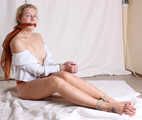 Cleavegagged barefoot topless Albina Rose in unbuttoned white shirt and red panties, bound with hemp rope, poses for the camera