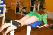 Leonie in an fitness studio wearing sexy shiny nylon shorts and a rain jakcet (Pics)
