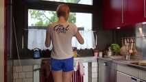 Watching ***OUR SEXY PIA*** wearing a sexy blue striped shiny nylon shorts and a white tshirt  posing for you in the kitchen doing her housework (Video)