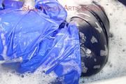 Sonja ties, gagges and hoodes herself in a bath tub wearing supersexy shiny nylon rainwear (Pics)